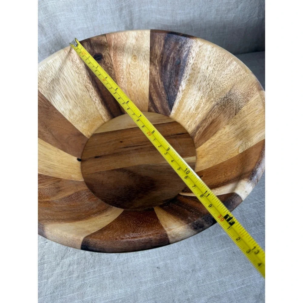 Wooden Serving Bowl Good Vintage Striped Inlay Round Large Fruit Salad Decor